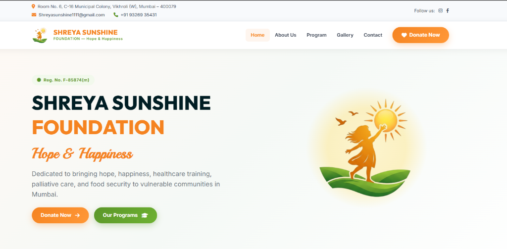 Shreya Sunshine Foundation Website